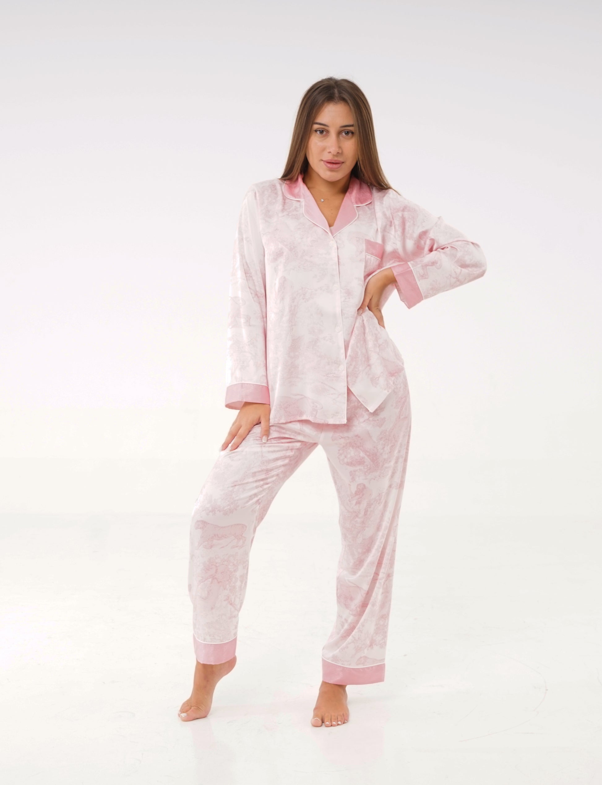 Long Sleeve Printed Lapel Collar Shirt & Pajama Set