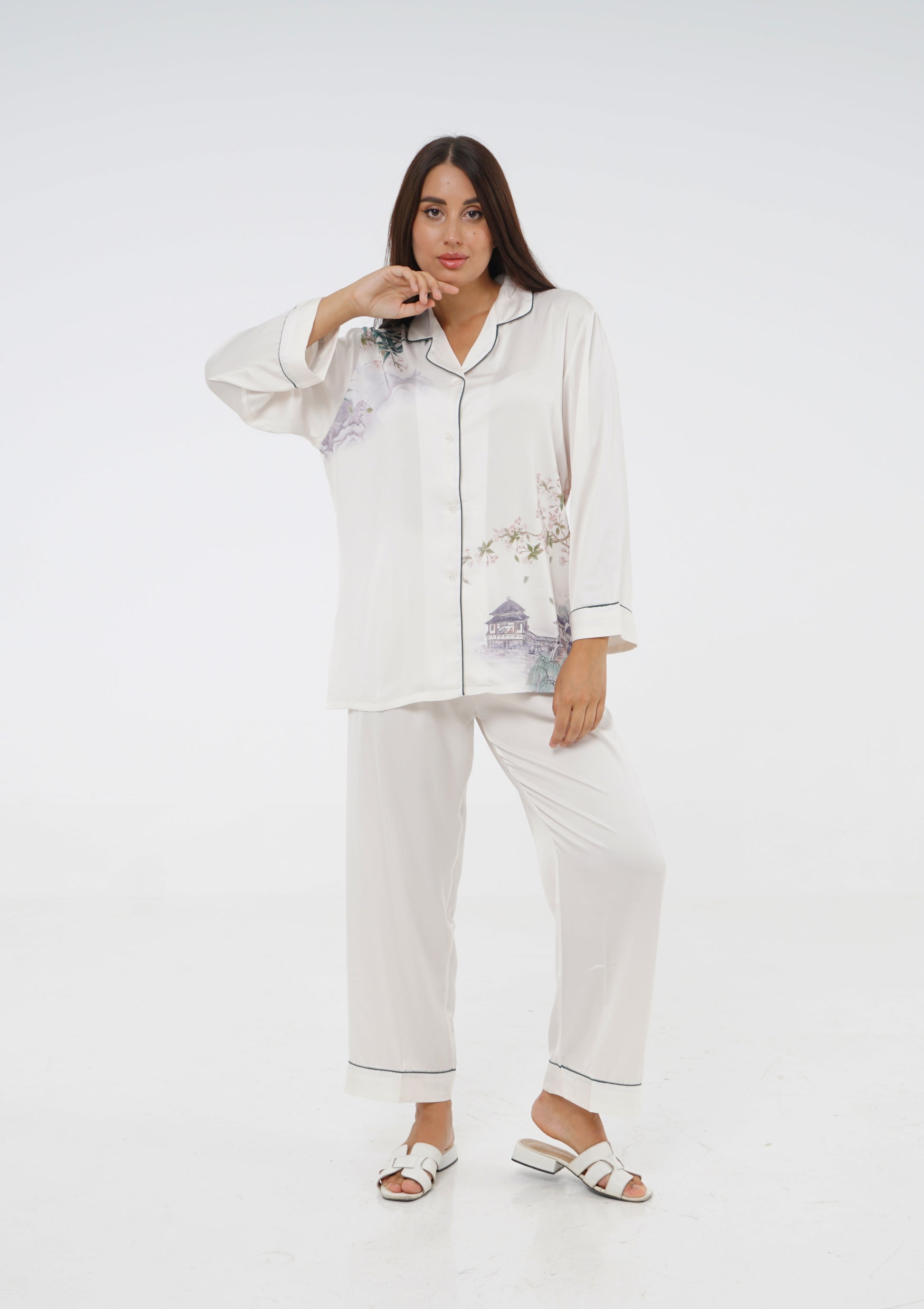 Spring Autumn Satin Long Sleeve Pajama Set
