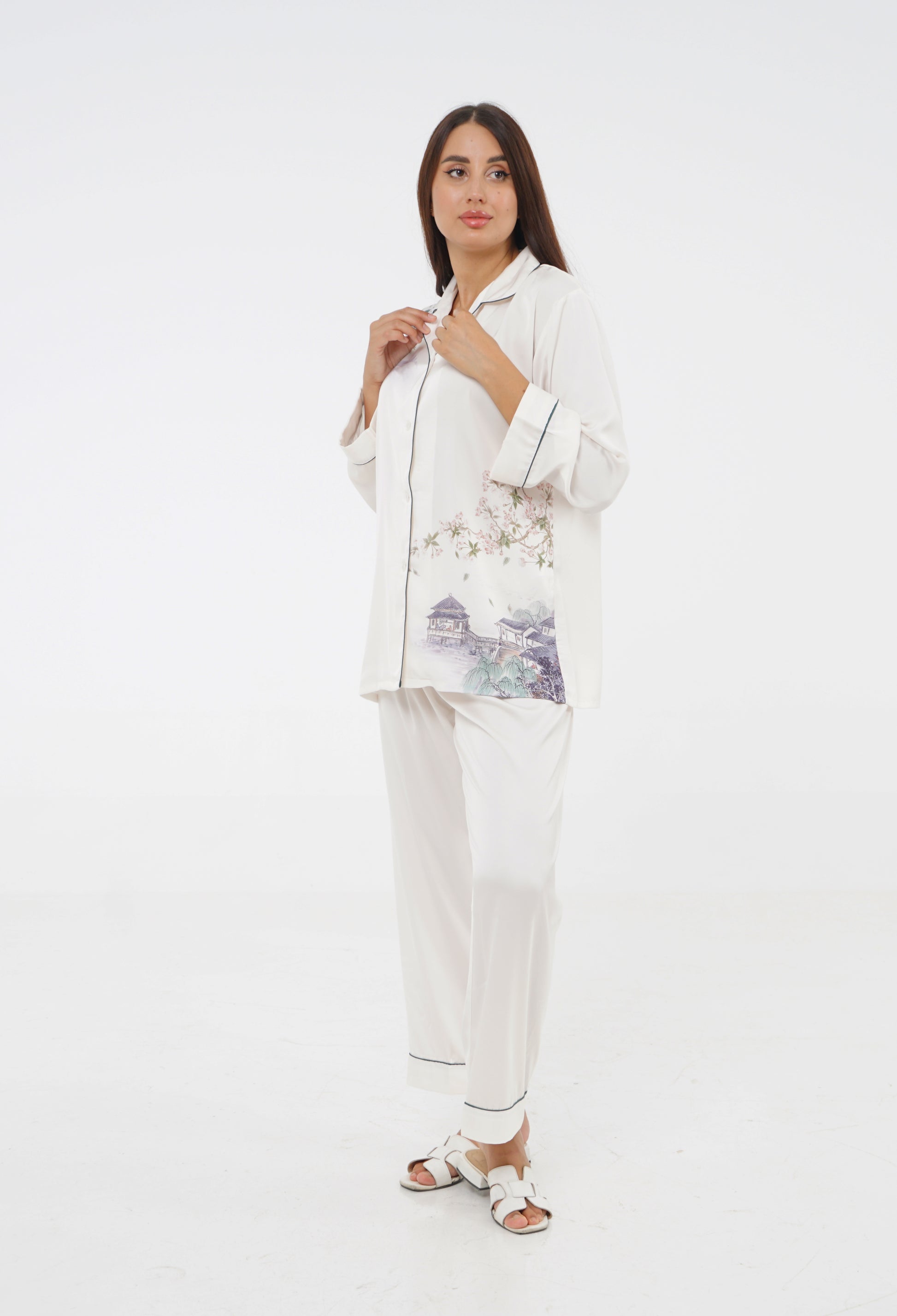 Spring Autumn Satin Long Sleeve Pajama Set