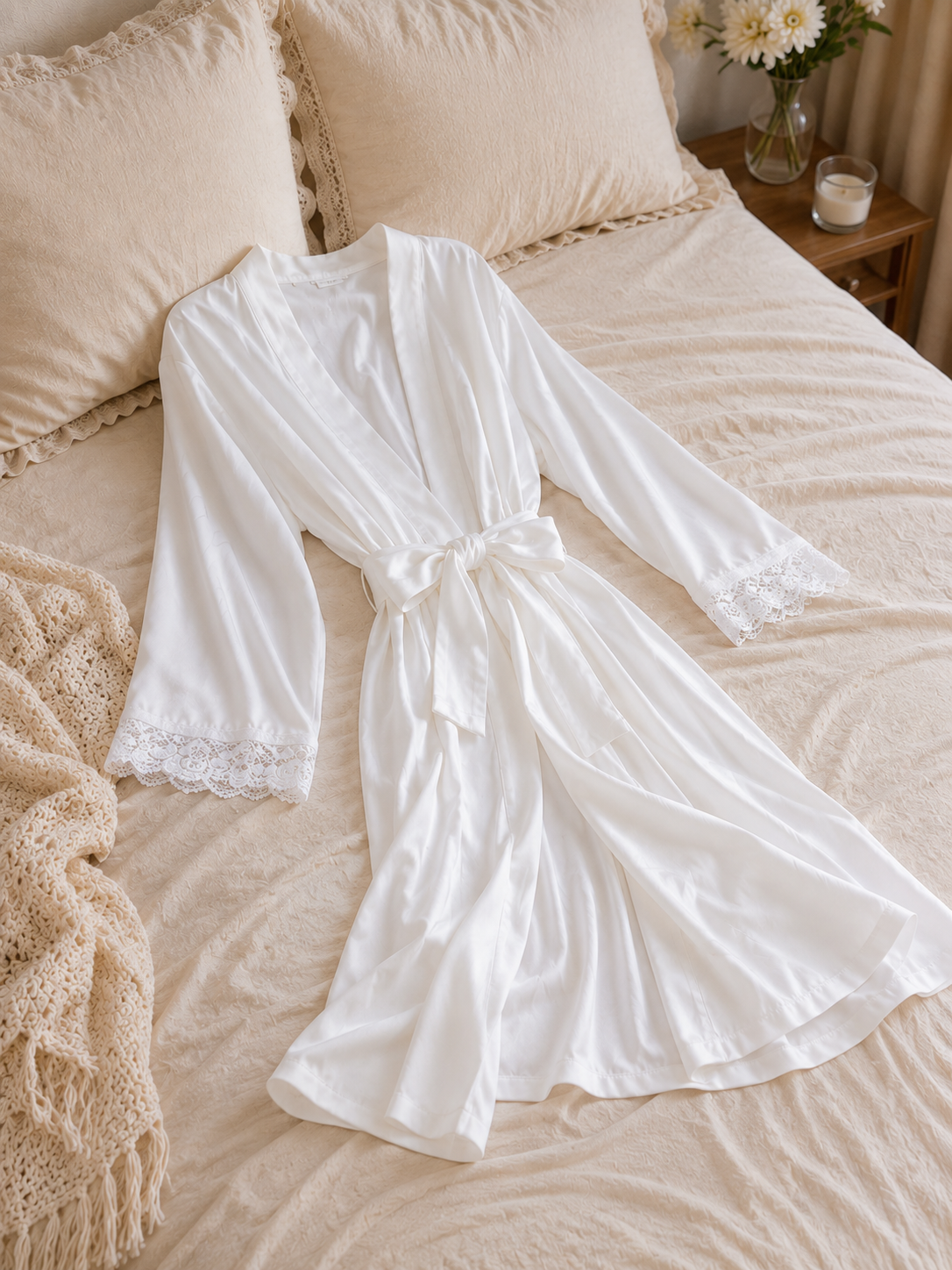Long Full Length White Silky Satin Warm Wrap Robe