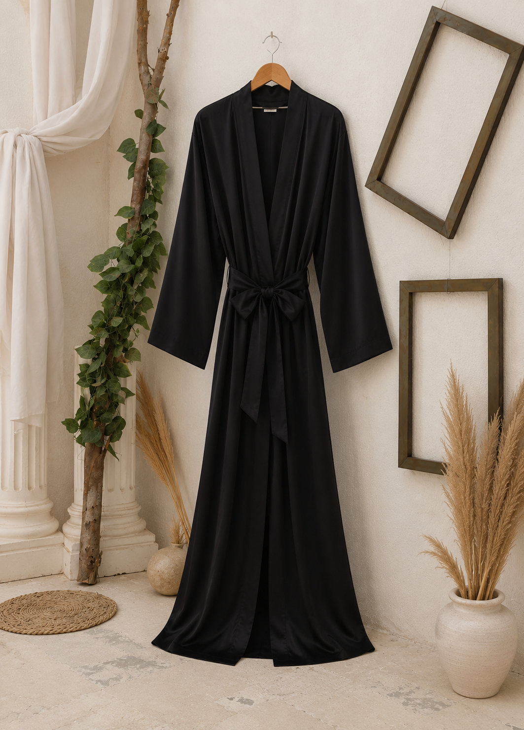 Long Full Length Black Silky Satin Warm Wrap Robe