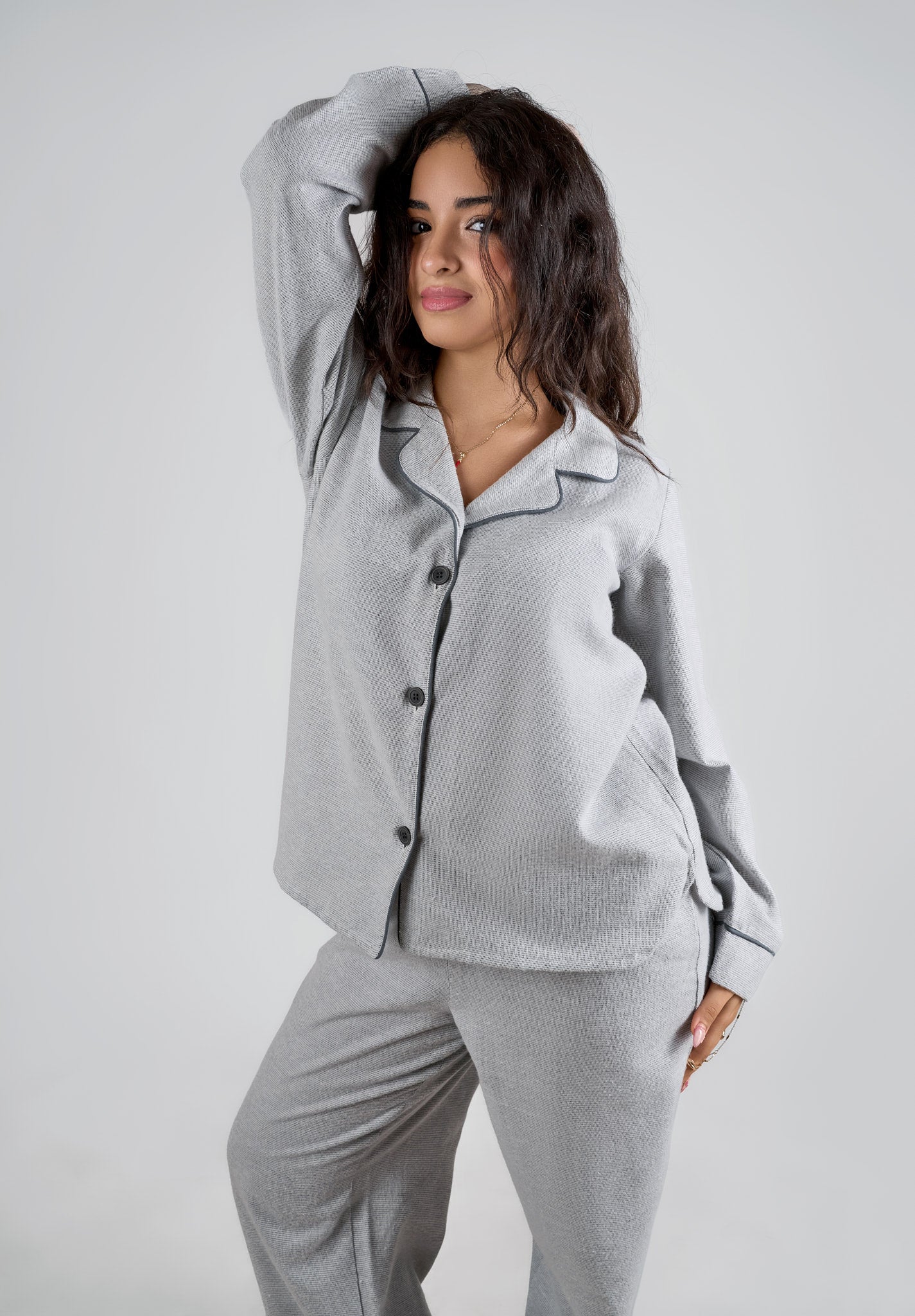 Soft Ash Grey Piped Pajama Set