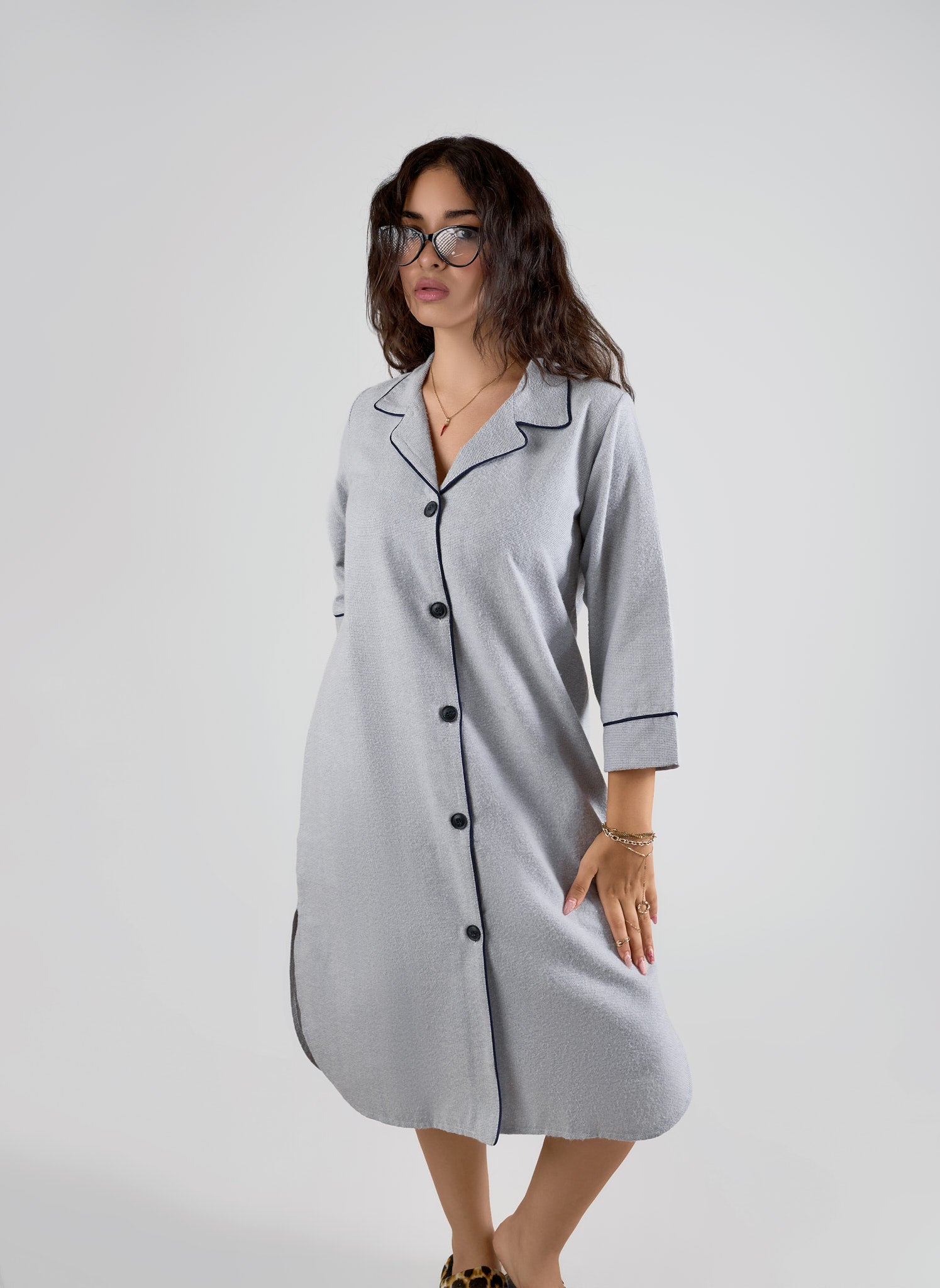 Ash Blue Botton-Down Night Dress Wasan Ash Blue Botton-Down Night Dress Wasan