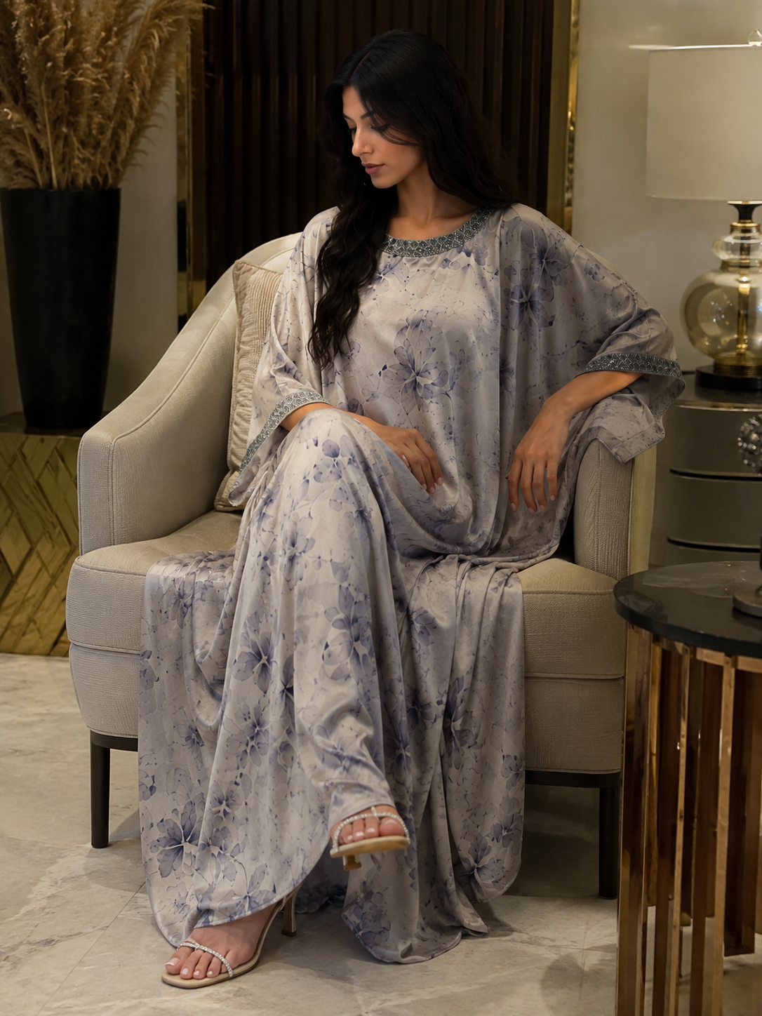 Grey Floral Kaftan Abaya
