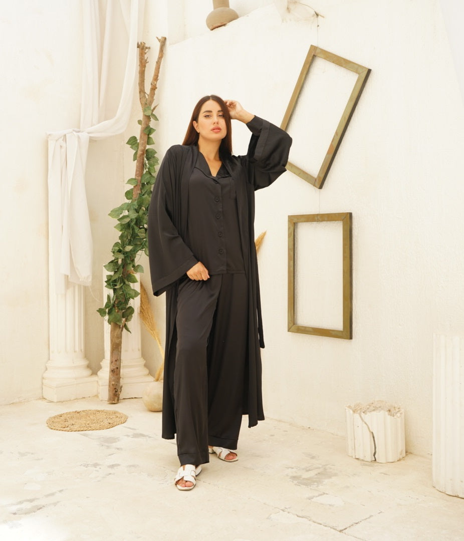 Long Full Length Black Silky Satin Warm Wrap Robe
