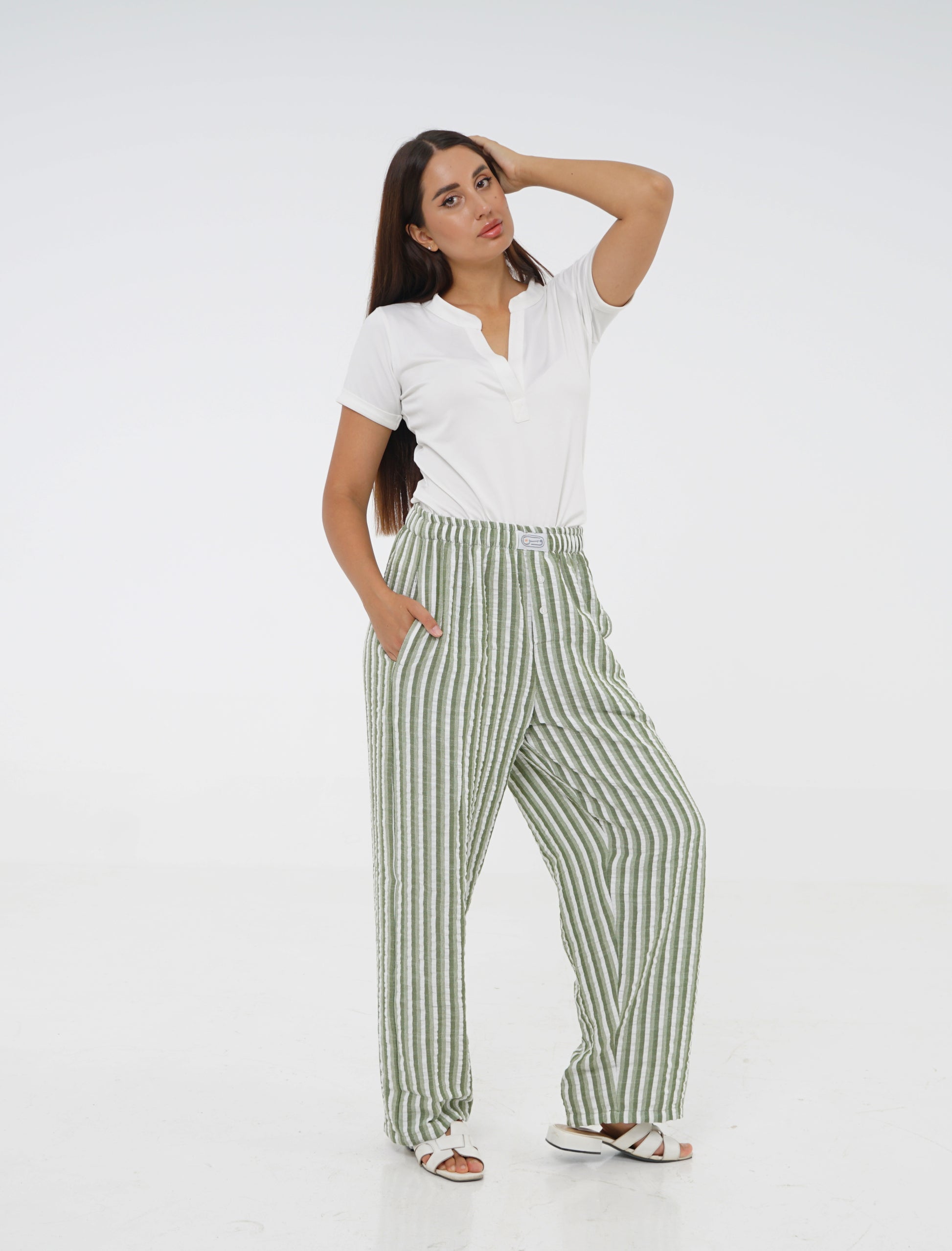 Green Cotton Striped Pajama Pants