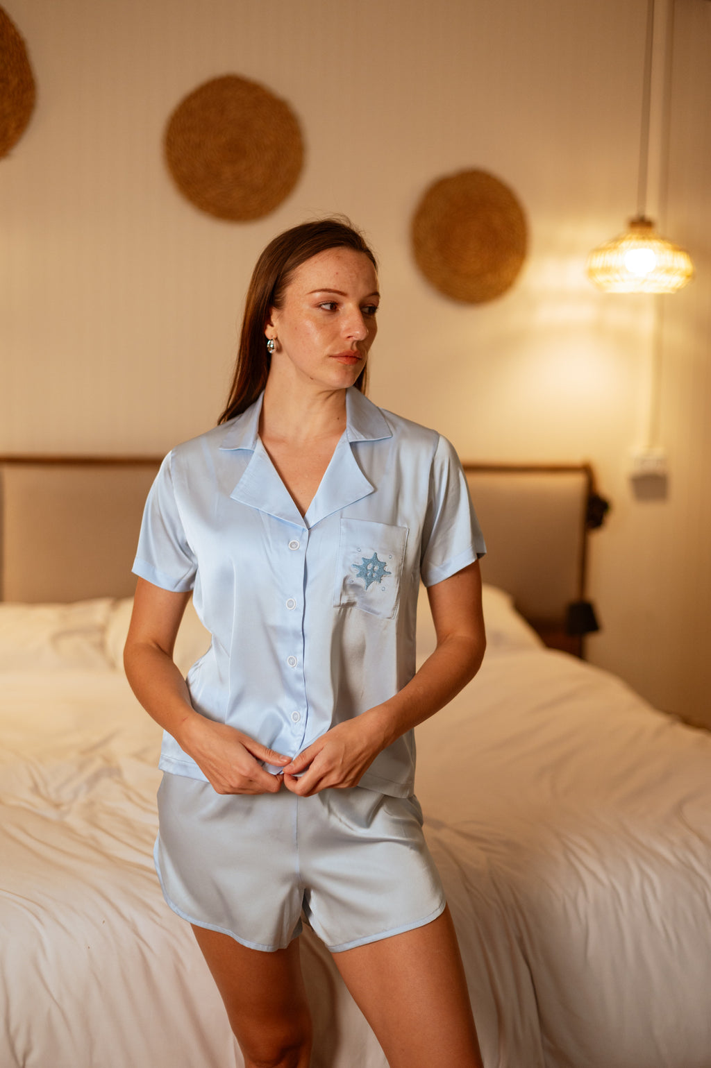 Sky Blue Satin Short Pajama Set